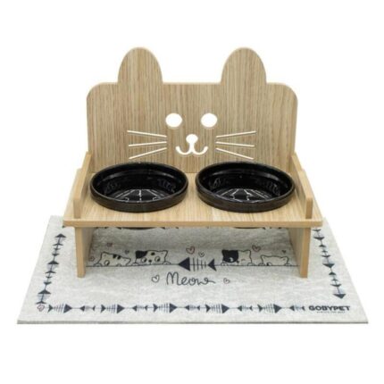 Ahşaplı Kulaklı Seramik Kedi Mama Ve Su Kabı (Paspas Hediyeli)