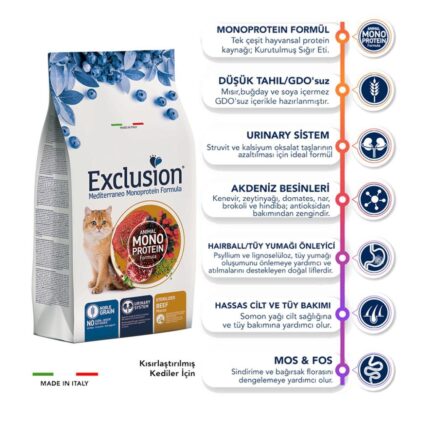 Exclusion Monoprotein Sığır Etli ve Narlı Düşük Tahıllı Kısırlaştırılmış Kedi Maması 12kg